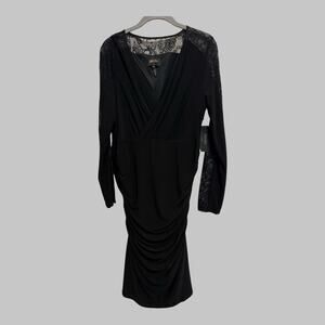 Vintage Y2K Laundry Shelli Segal Black Long Lace Sleeves Midi Dress Faux Wrap 10